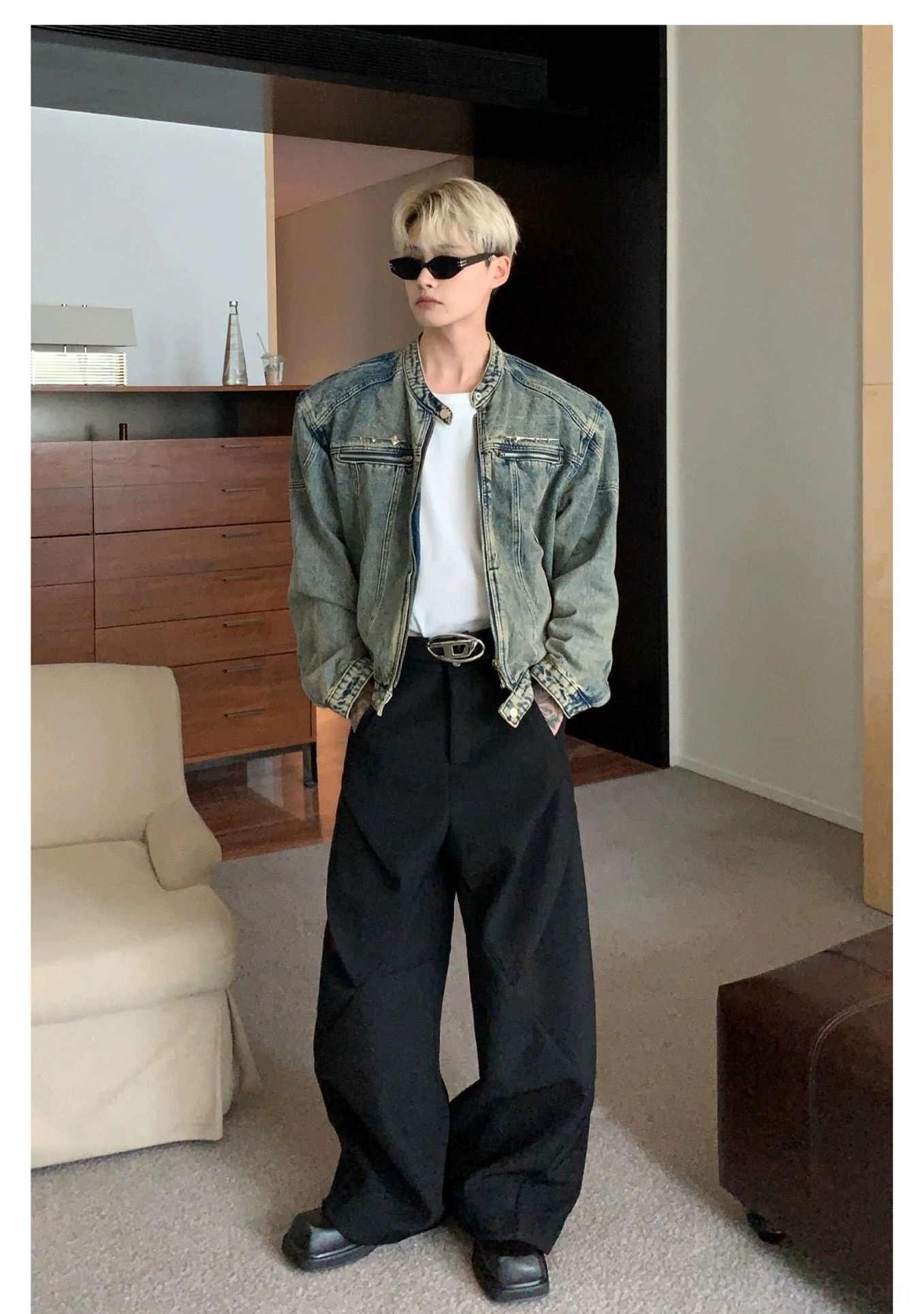 Cropped stand collar washed denim moto jacket Korean streetwear outerwear product detail