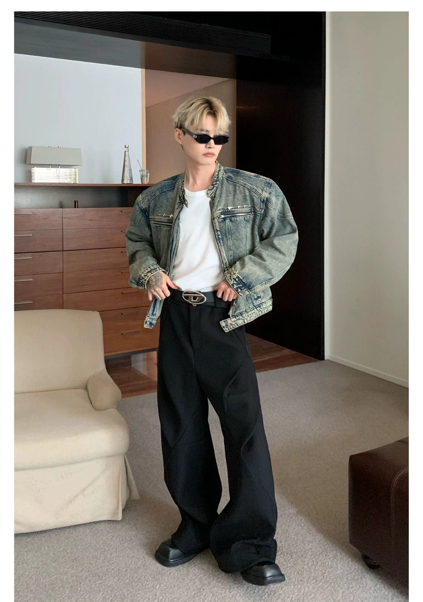 Cropped stand collar washed denim moto jacket relaxed fit denim outerwear view