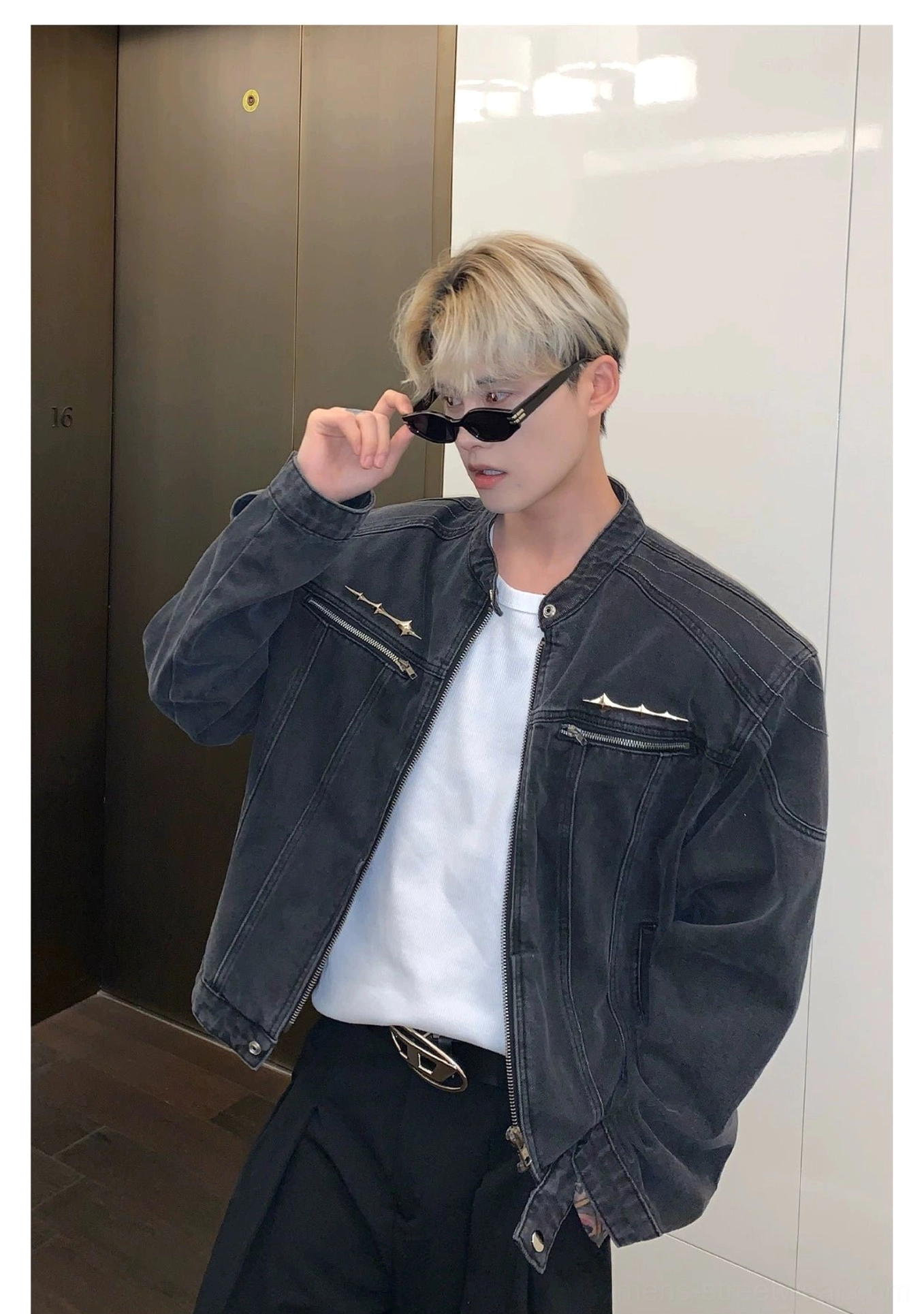 Cropped stand collar washed denim moto jacket modern Seoul streetwear styling view