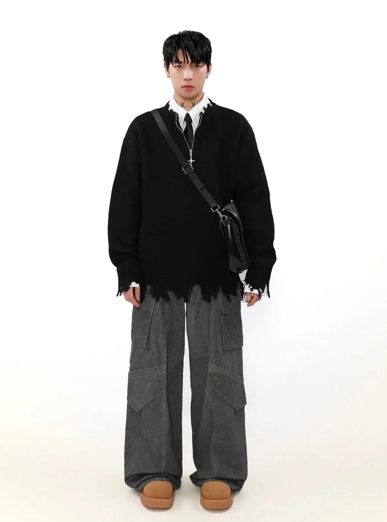Cross-zipper half-zip distressed sweater styled as a modern Seoul-inspired oversized streetwear outfit