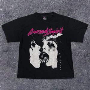 Cursed Spirit neon horror graphic black boxy streetwear T-shirt front view with hot pink lettering and monochrome kissing duo print