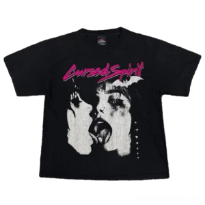 Black Cursed Spirit graphic streetwear tee with distressed horror kiss artwork hot pink retro script and loose cropped boxy silhouette