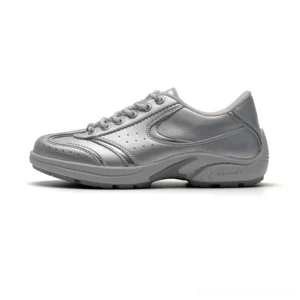 Metallic silver CurveLine retro court sneakers with smooth leather upper, perforated details, and low-profile rubber outsole