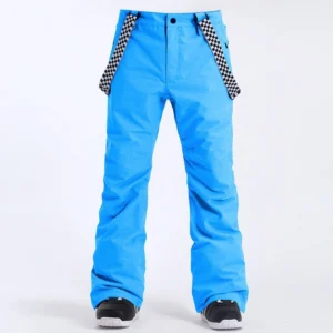 Bright cyan blue detachable strap snow pants with checkerboard suspenders shown in a front full-body studio view
