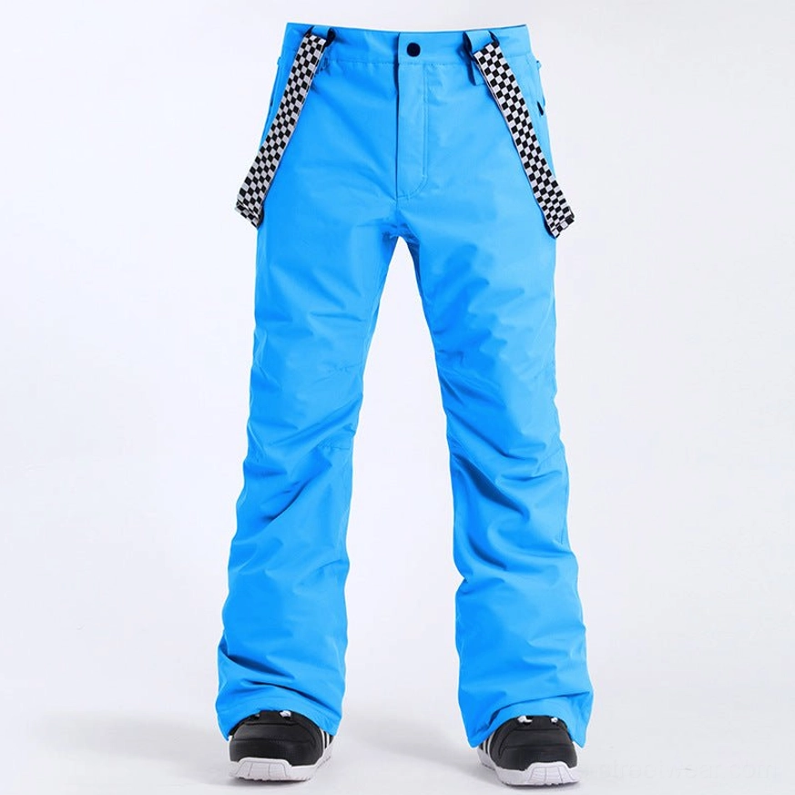 Bright cyan blue detachable strap snow pants with checkerboard suspenders shown in a front full-body studio view