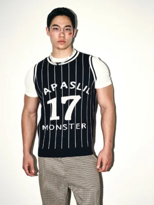 Dark blue pinstripe knit basketball jersey vest front close-up showing white ribbed trim and bold varsity number graphic layered over a white t-shirt