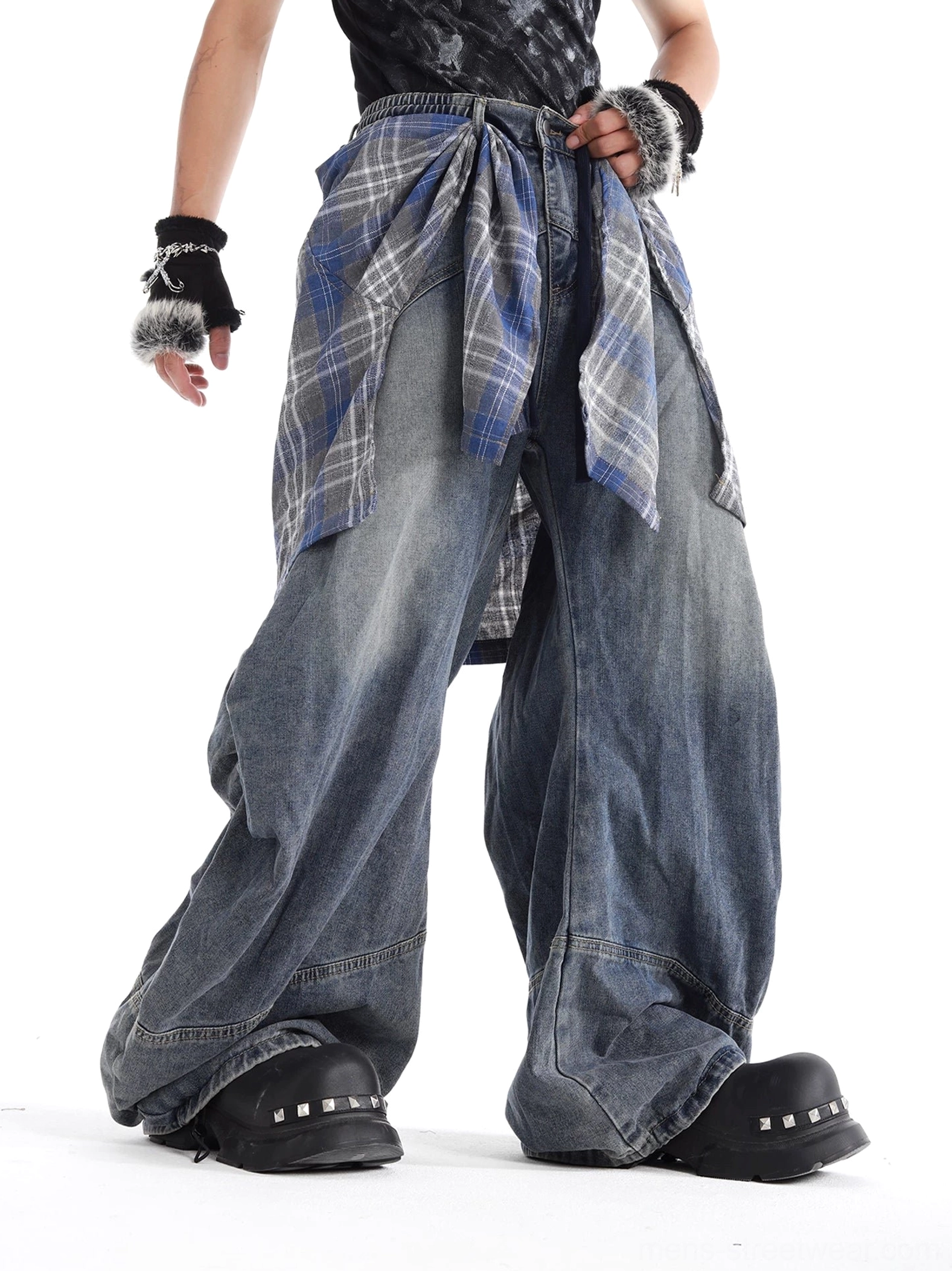 Three-quarter view of relaxed fit dark blue plaid waist panel jeans with exaggerated baggy wide leg silhouette for Korean streetwear outfits