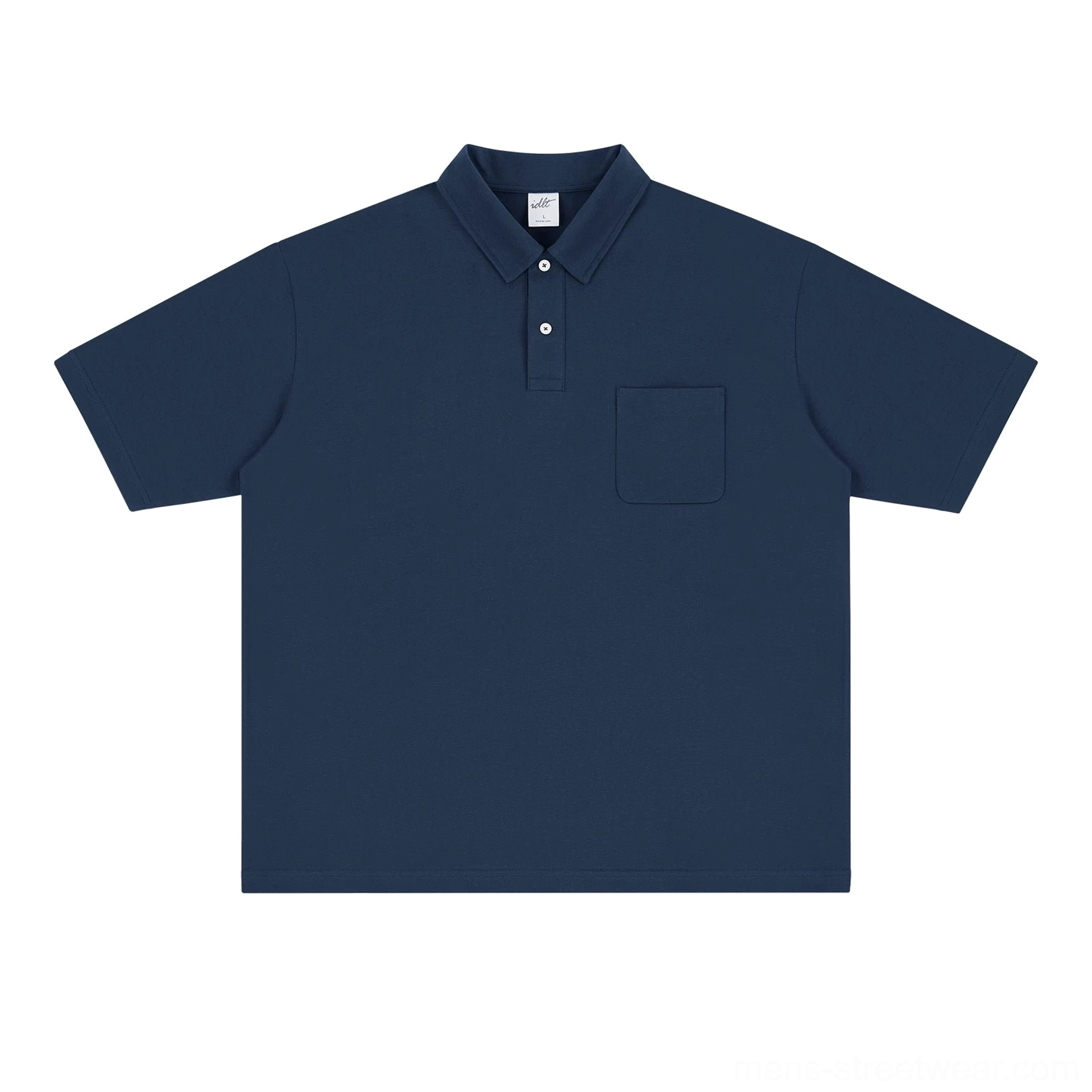 Dark blue technical pocket polo shirt with relaxed boxy fit, breathable knit construction, and contemporary Seoul streetwear style