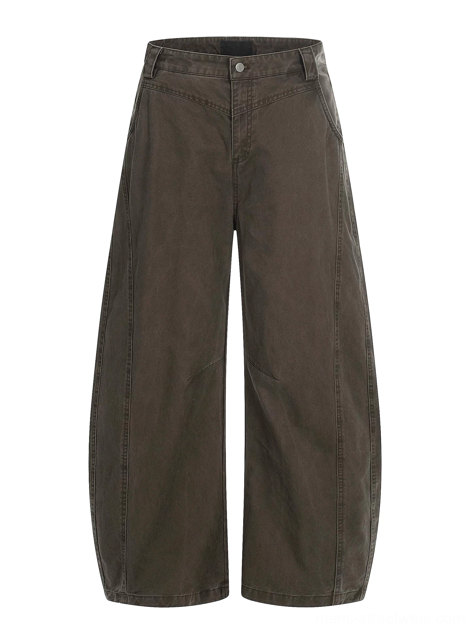 Dark brown barrel leg cotton twill chino pants front view with oversized wide fit and waistband belt loops
