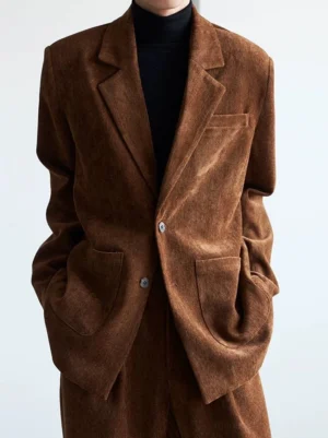 Dark brown corduroy relaxed tailored blazer styled with black turtleneck and matching wide-leg trousers in minimalist studio