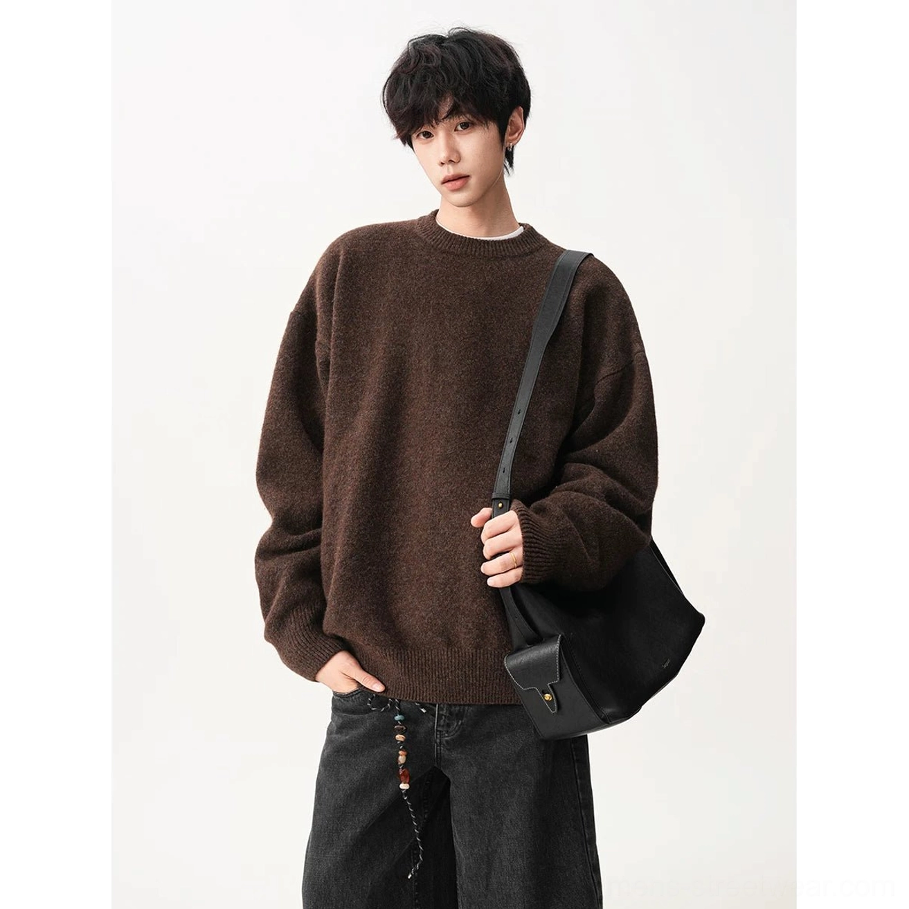 Dark brown oversized knit sweater product image featuring a soft fuzzy texture, dropped shoulder construction, and relaxed Korean streetwear fit