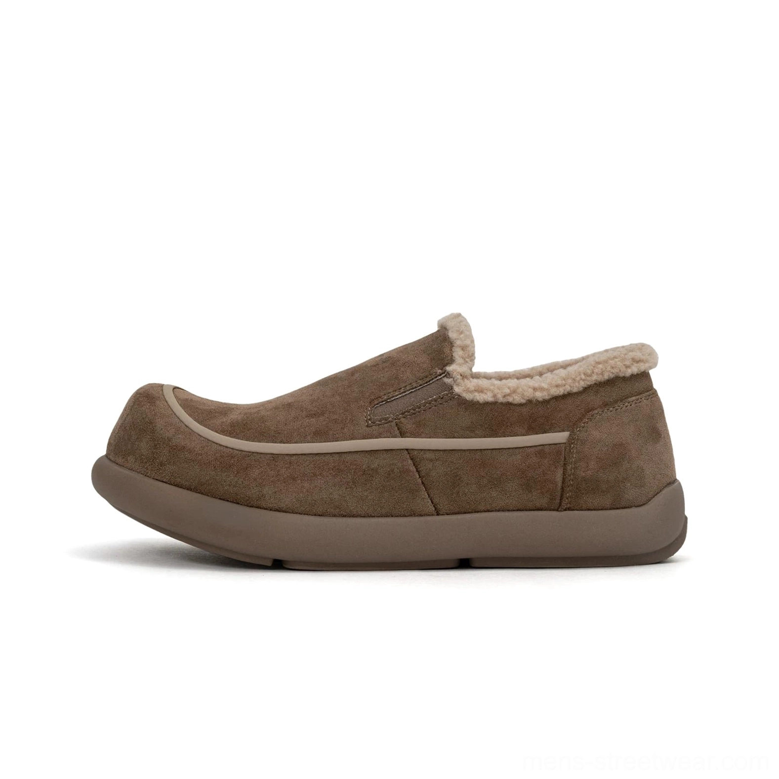 Dark brown shearling clog side profile with moc-toe stitching, fuzzy fleece collar, smooth suede-finish upper, and thick durable rubber outsole