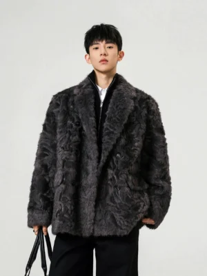 Dark charcoal grey faux fur teddy overcoat with notch lapel and double-breasted buttons styled with a white shirt and black trousers