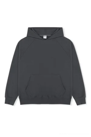 Dark charcoal gray oversized cotton raglan hoodie with kangaroo pocket ribbed cuffs and streetwear fit