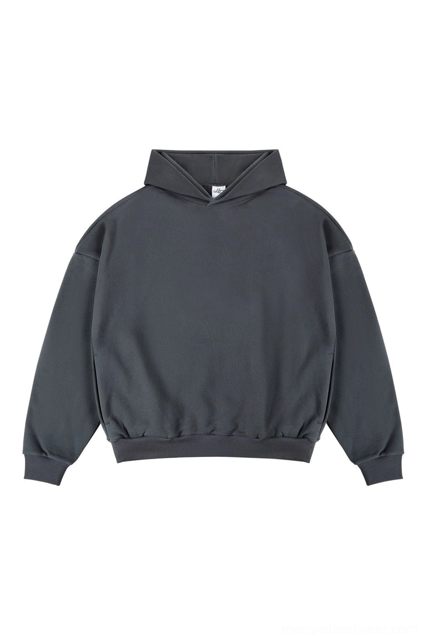Dark charcoal gray oversized hoodie with relaxed Korean fashion silhouette