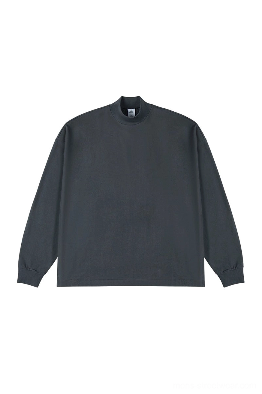 Dark charcoal gray relaxed fit cotton mock neck long sleeve tee for casual streetwear