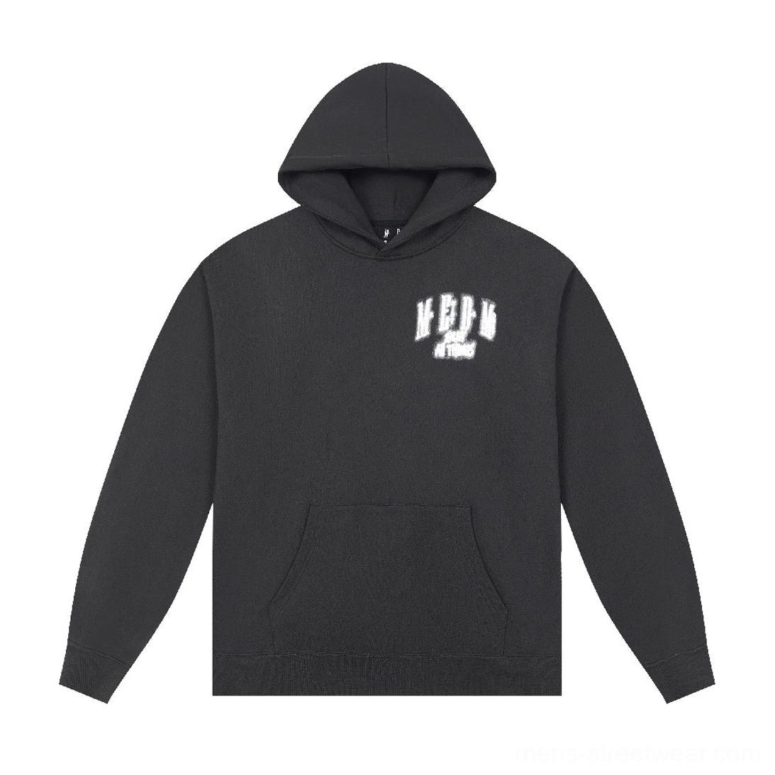Dark charcoal black oversized hoodie with white chest graphic, relaxed silhouette, attached hood, and front kangaroo pocket