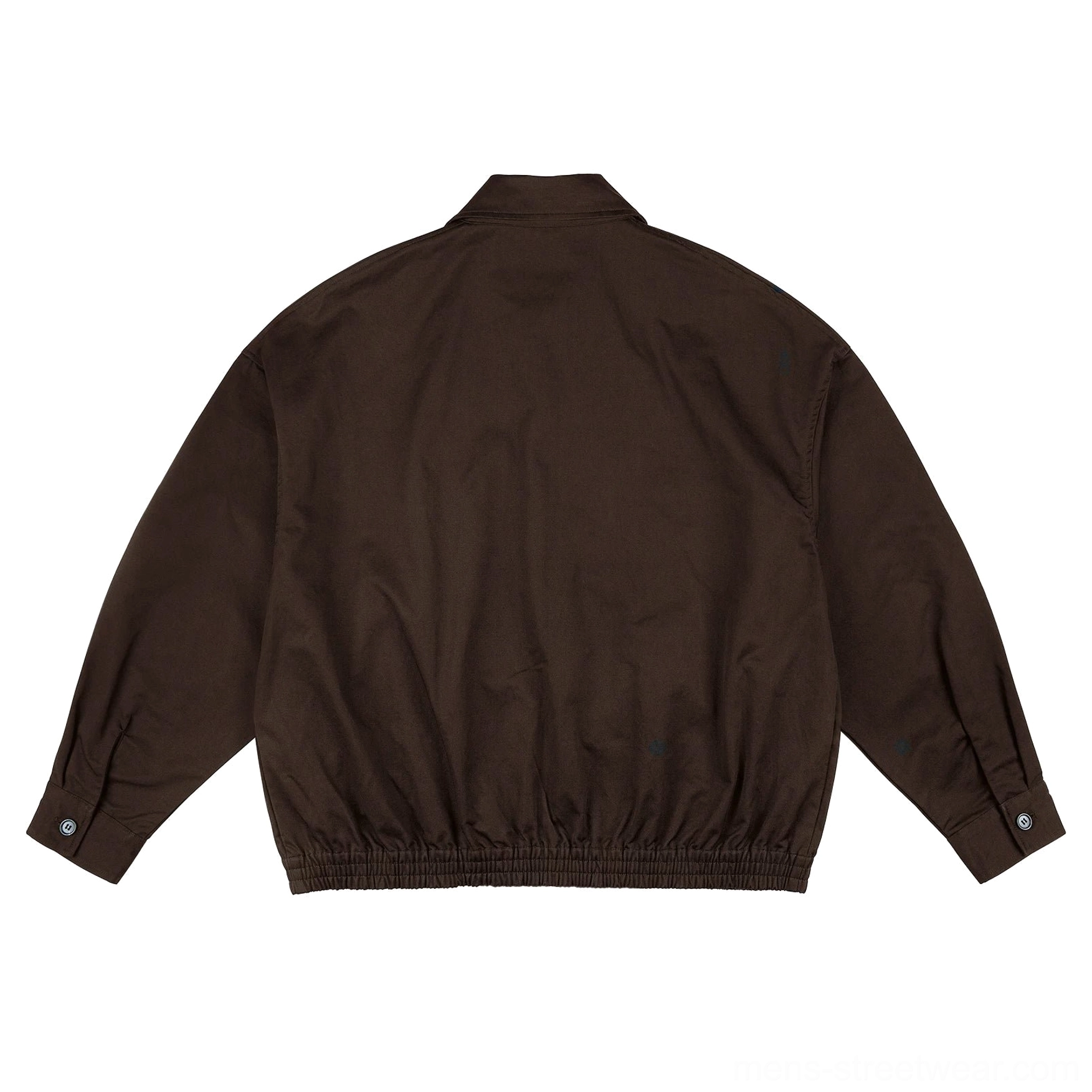Back flat lay view of the dark coffee cotton Harrington jacket showing its minimalist back, relaxed dropped-shoulder fit, elasticated hem, and adjustable cuffs