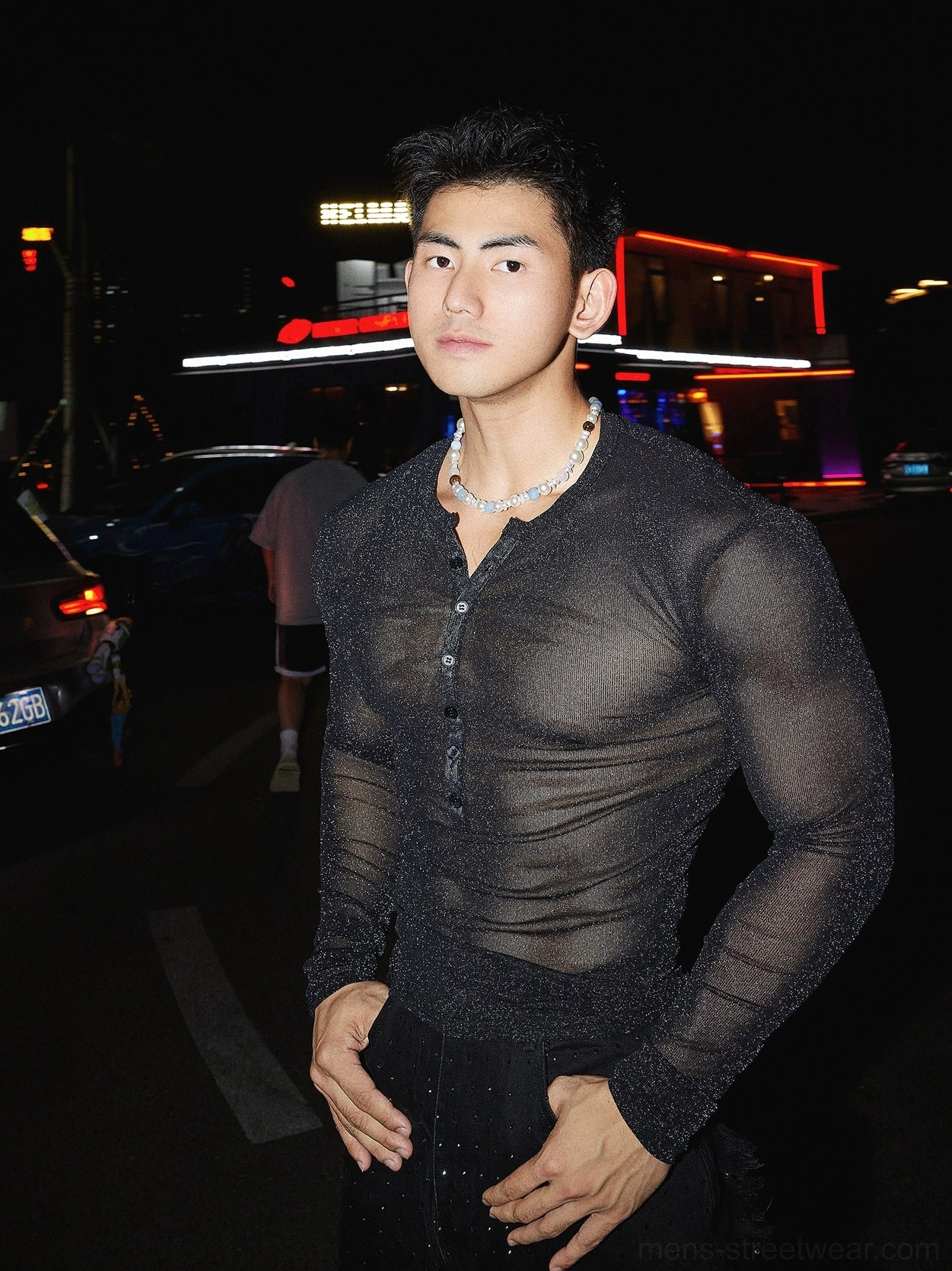 Sparkling sheer Henley long sleeve top in a dark crystal black colorway for men's contemporary streetwear