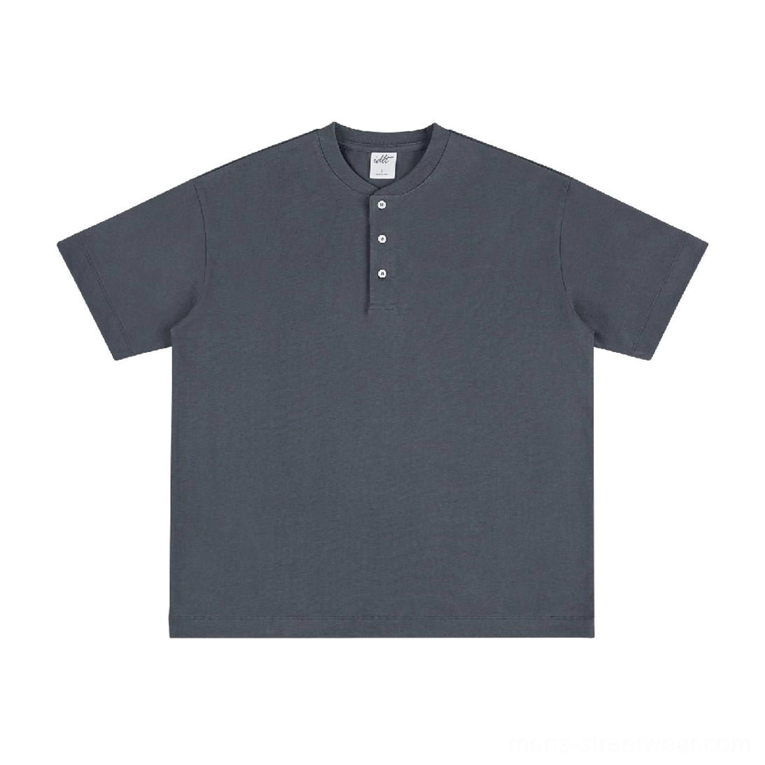 Dark gray heavyweight cotton oversized Henley t-shirt with three-button placket front flat lay