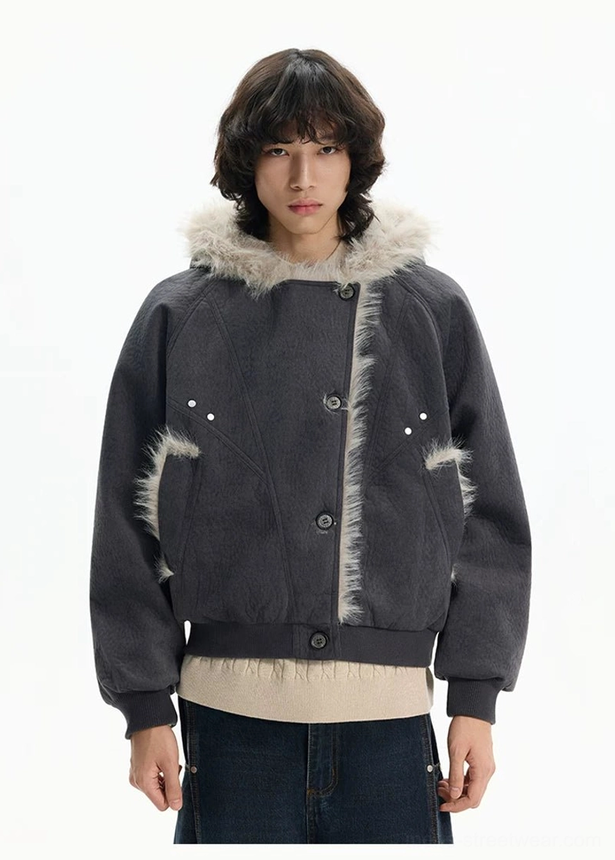 Dark gray and apricot faux fur cropped jacket for layered Acubi style and casual winter outfits