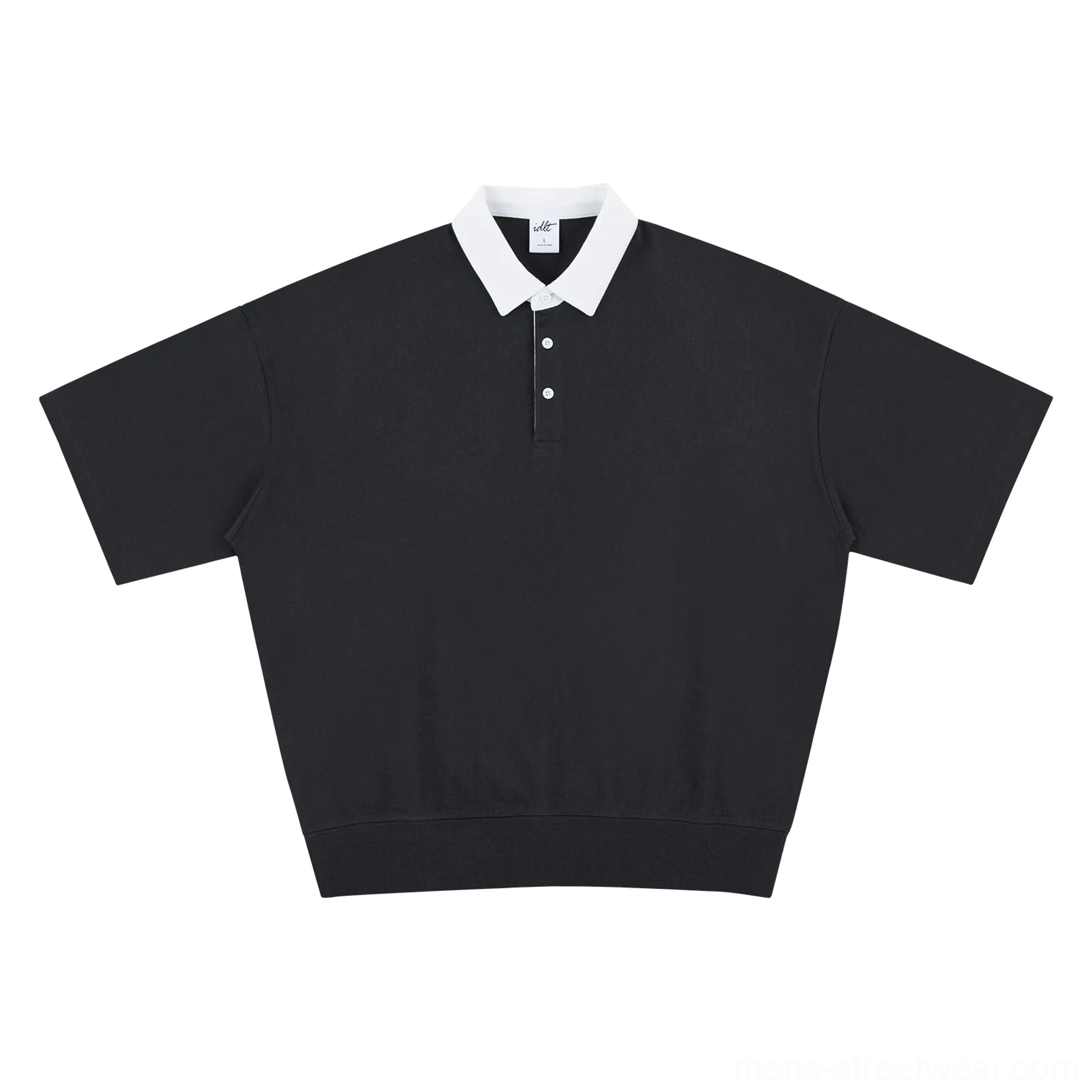 Dark gray contrast collar cotton knit polo shirt with relaxed oversized fit and clean ribbed hem