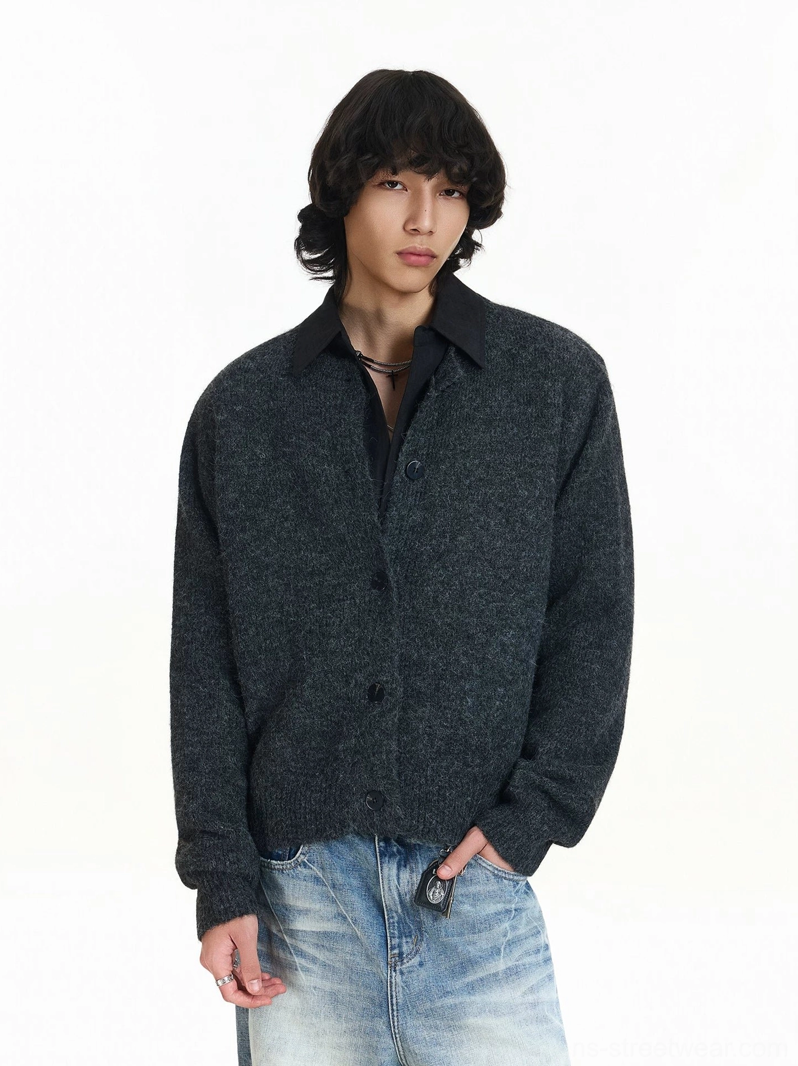 Dark gray contrast collar knit cardigan with slightly cropped body and layered black inner top in Korean fashion style