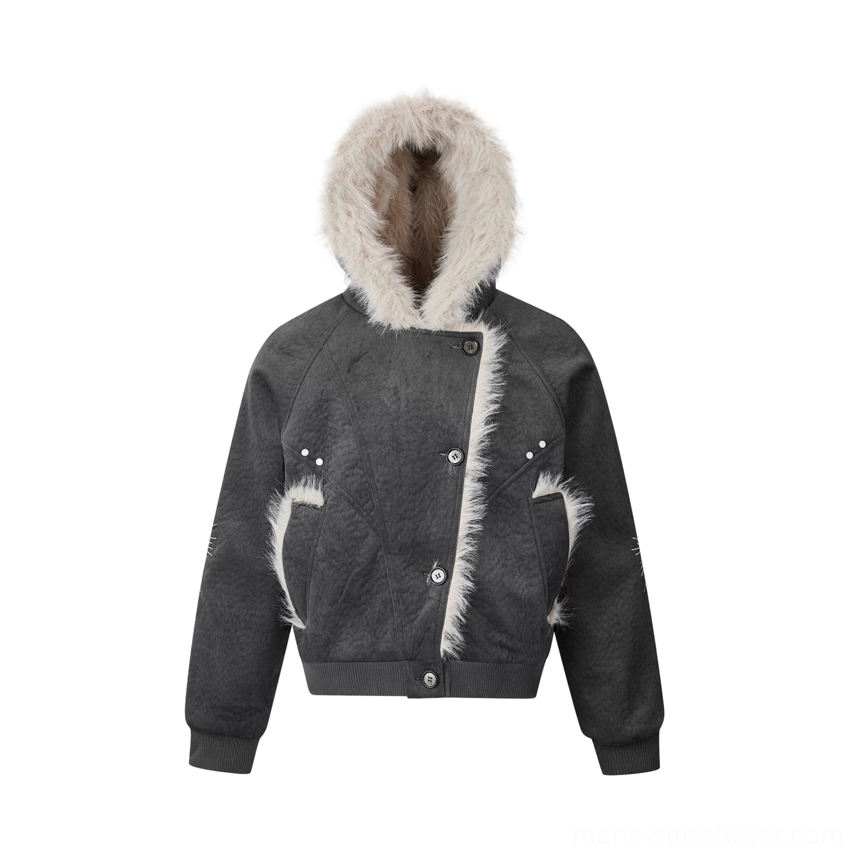 Dark gray cropped faux fur bomber jacket variant with oversized trim and relaxed streetwear proportions