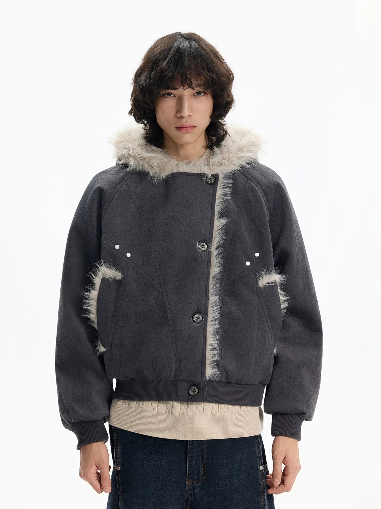 Dark gray cropped jacket with faux fur placket trim pocket details rivets and ribbed hem