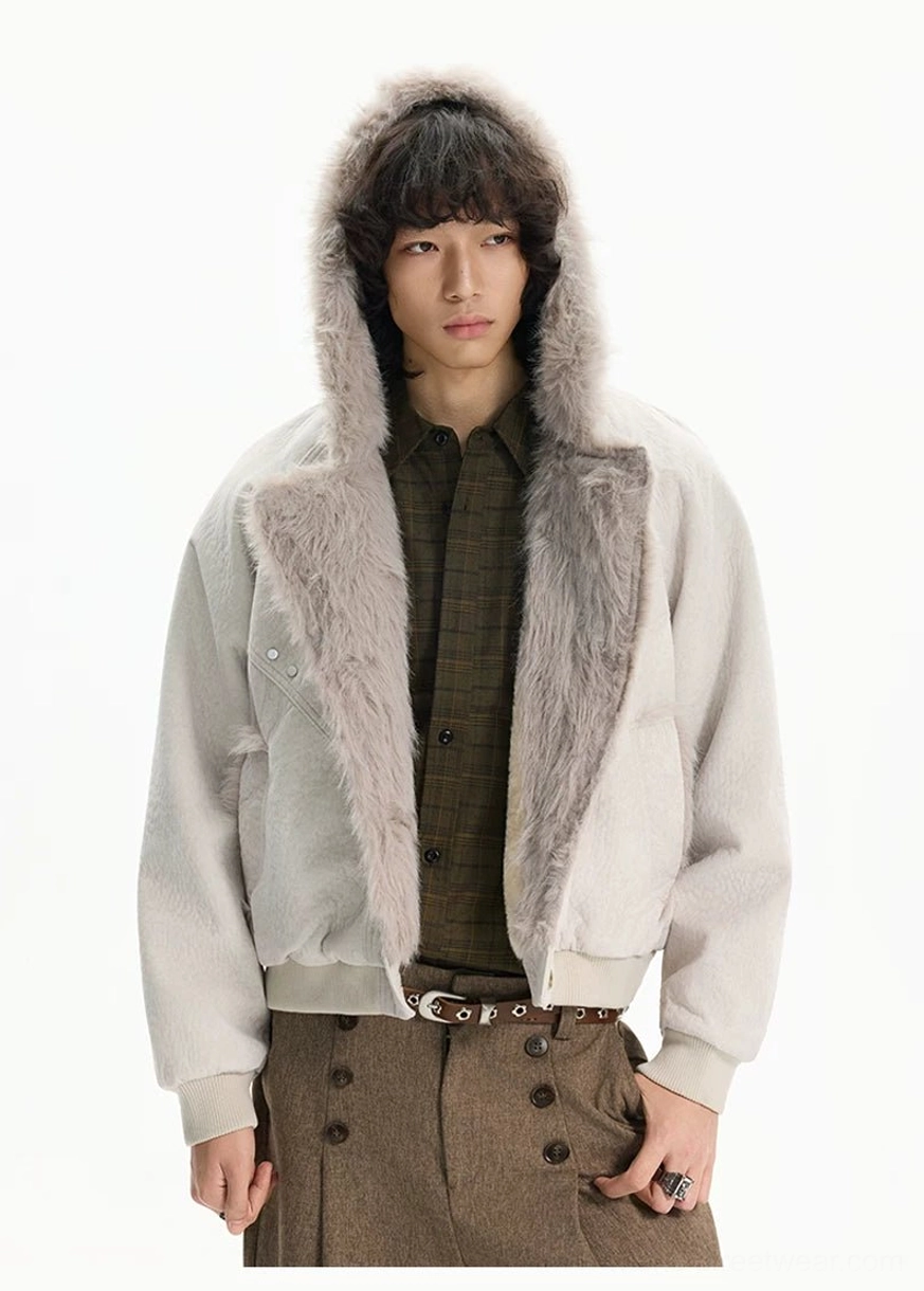 Dark gray cropped faux fur jacket designed for soft grunge outfits and contemporary East Asian fashion