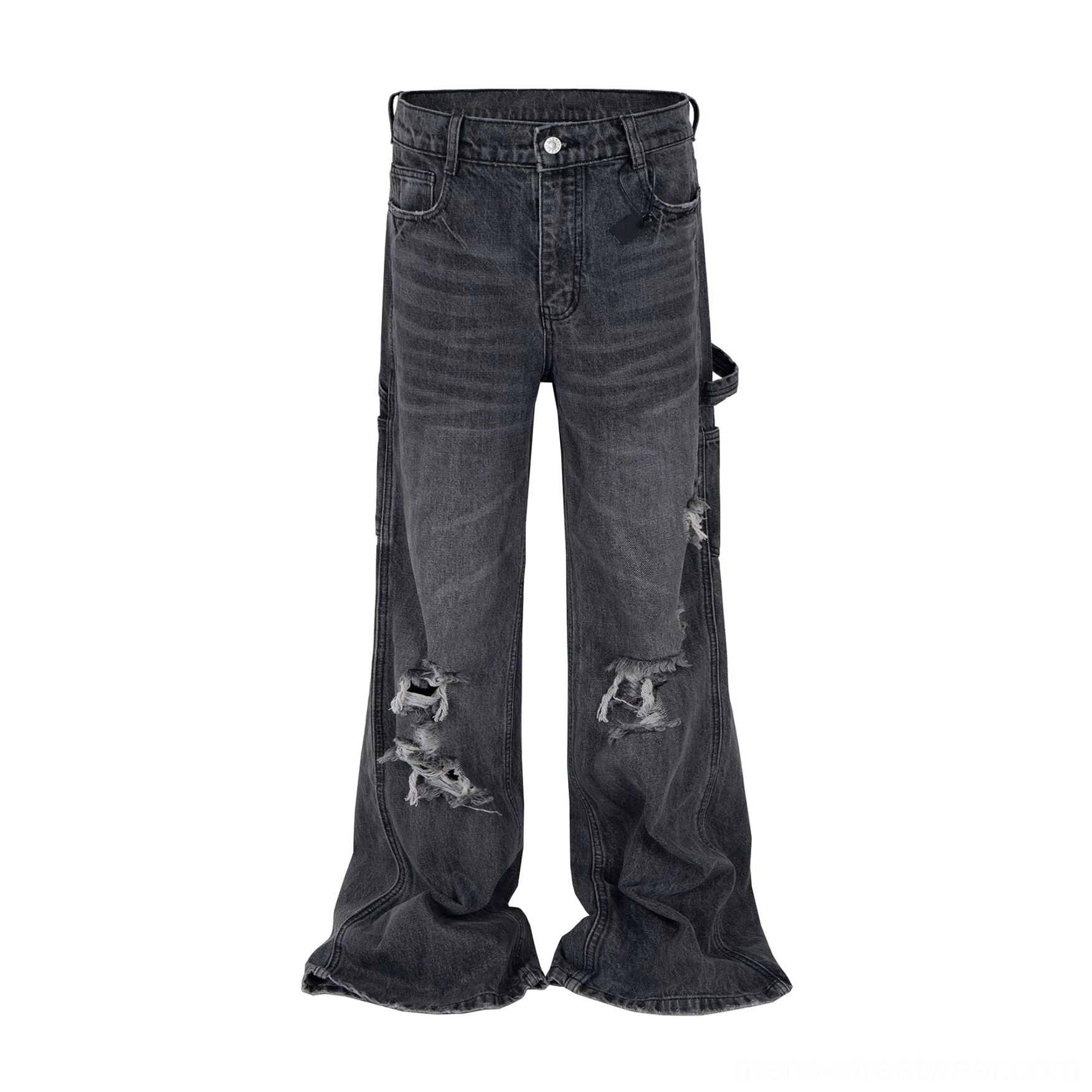Flat lay front product view of dark gray distressed stacked flare cargo denim jeans with ripped legs and utility pocket