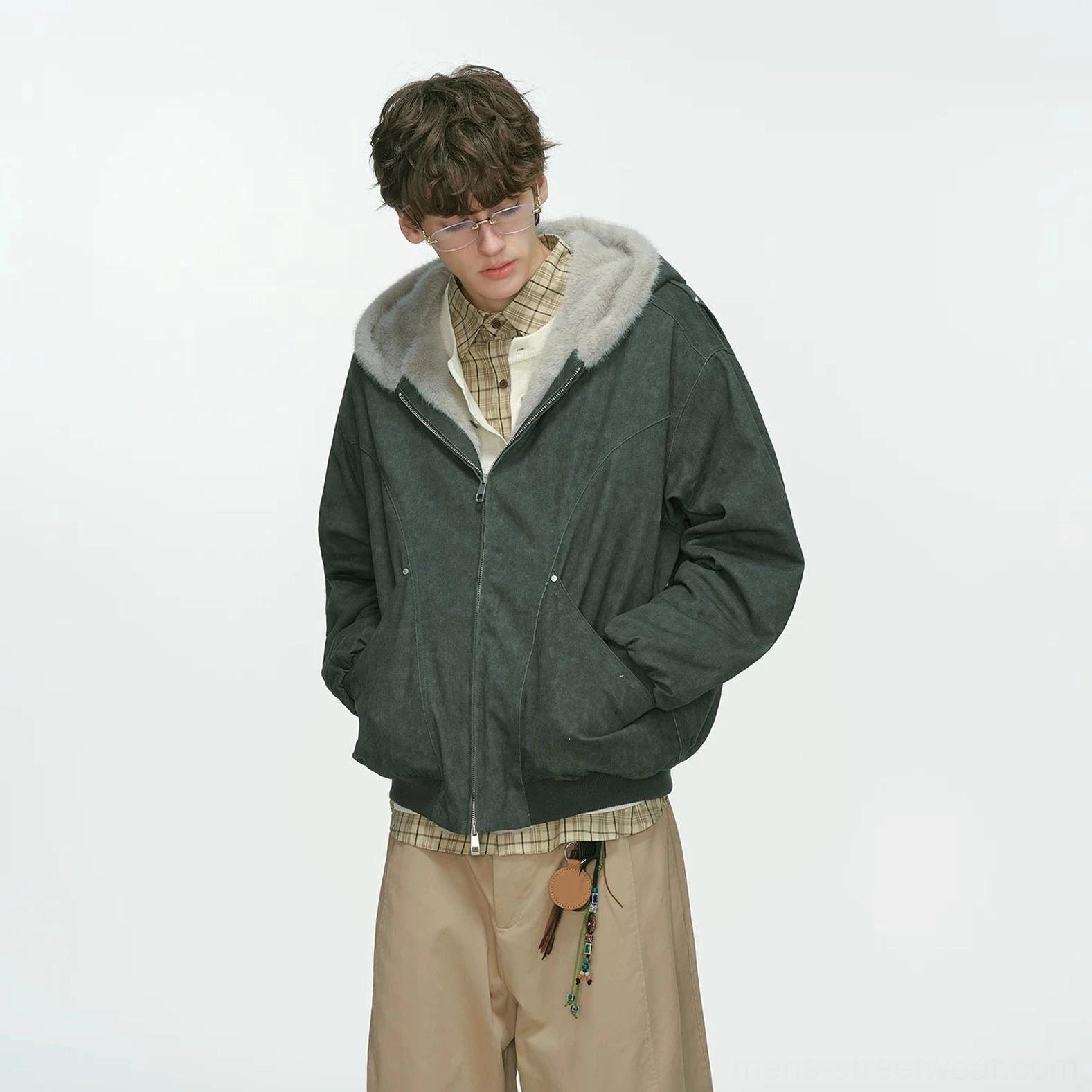 Dark gray faux-shearling lined hooded bomber jacket winter streetwear color option