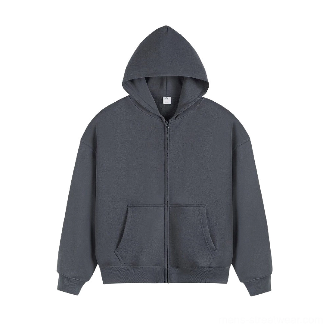 Dark gray heavyweight oversized zip up hoodie with drop shoulder sleeves hood and front patch pockets