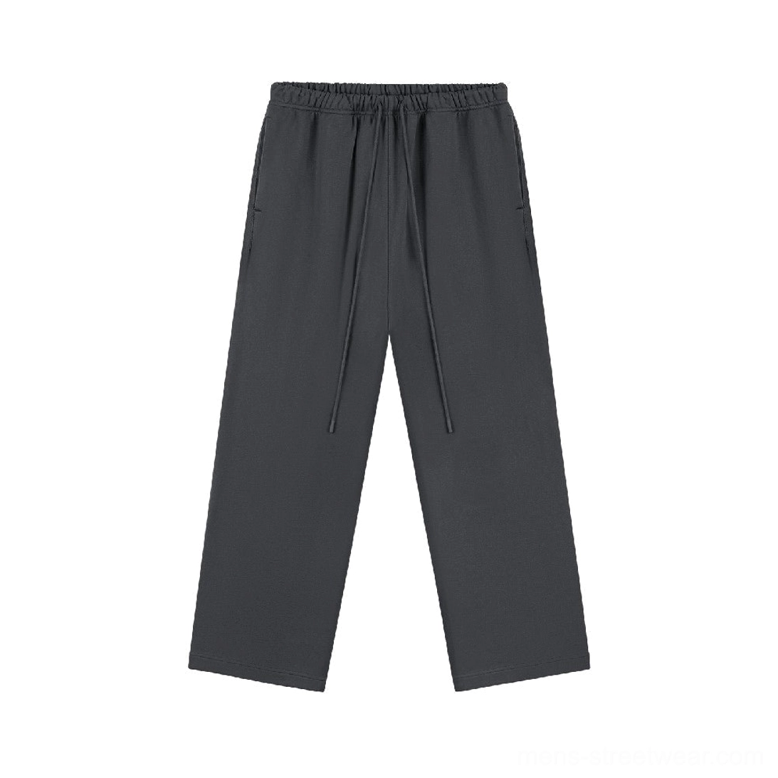 Dark gray heavyweight straight leg sweatpants flat lay showing wide leg cut hidden side pockets and drawstring waistband