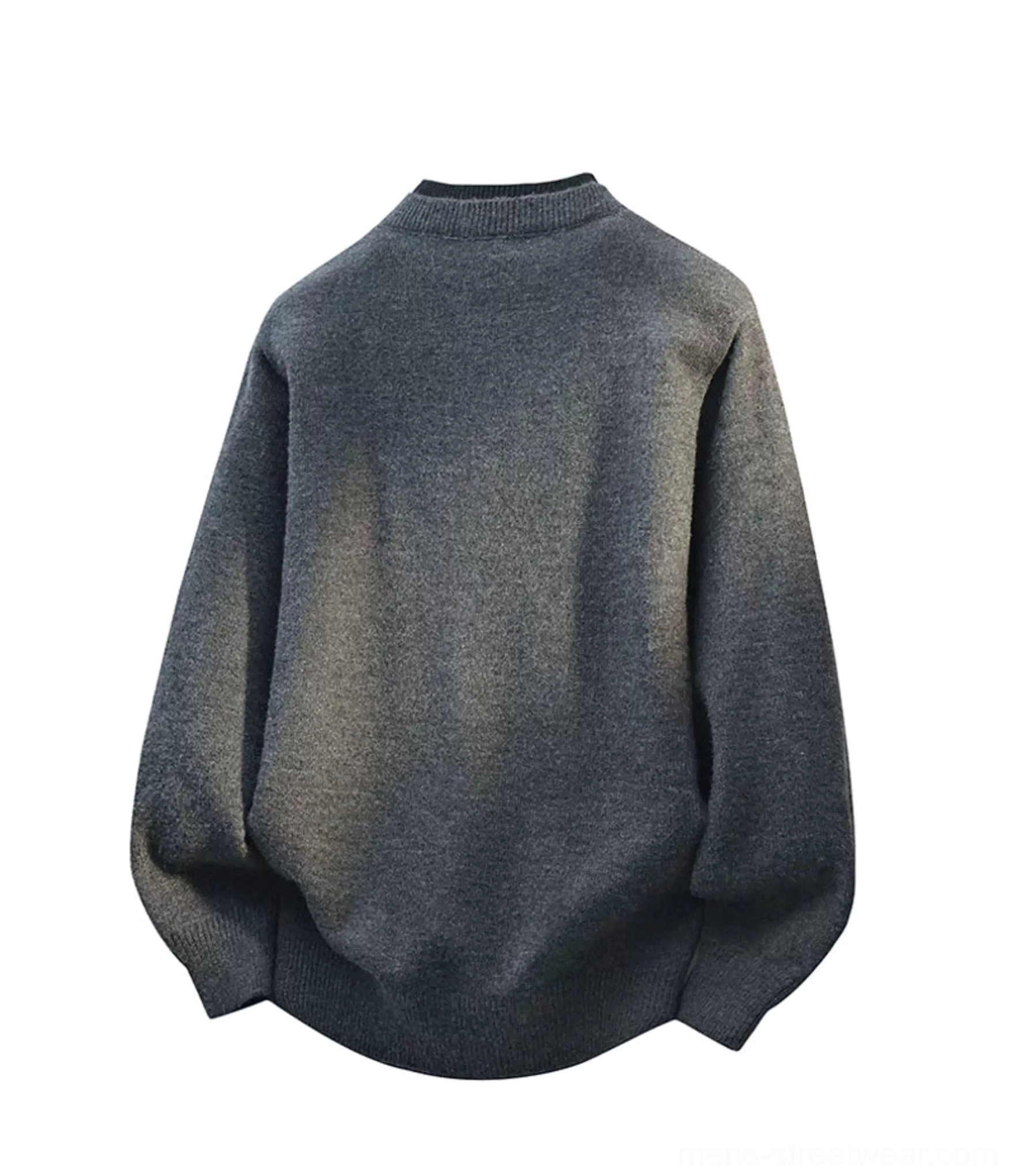 Back view of dark heather gray Henley knit sweater with loose Korean streetwear silhouette and ribbed hem
