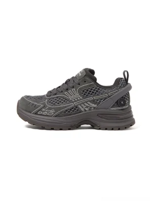 Dark gray layered mesh chunky runner sneaker shown in left side profile with textured panels, retro outsole, and heel pull tab