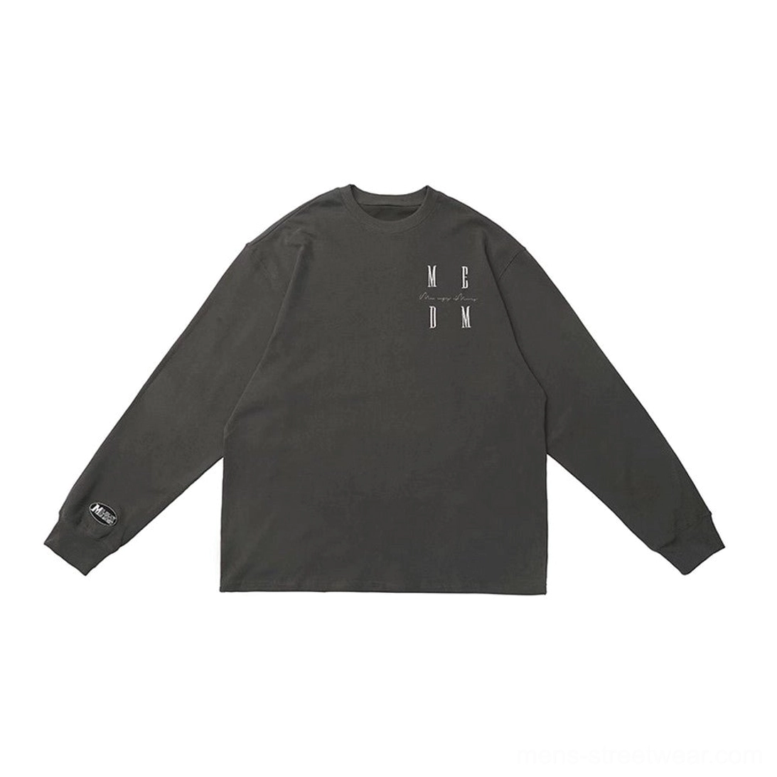 Dark gray oversized graphic long sleeve T-shirt flat lay with chest lettering, relaxed crew neck, and cuff tag