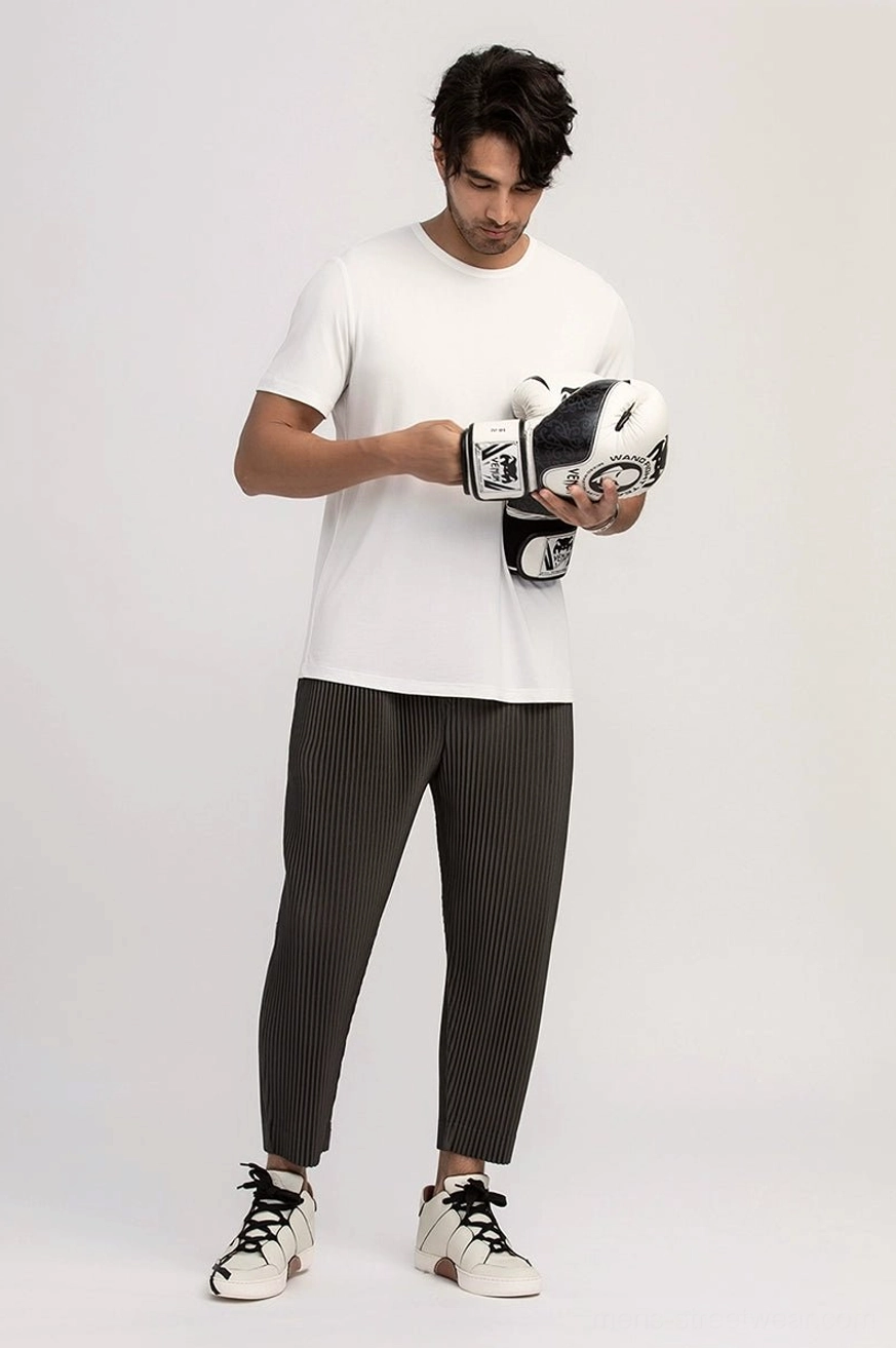 Dark gray men's pleated cropped pants styled with a basic white T-shirt and casual sneakers in a clean contemporary streetwear outfit