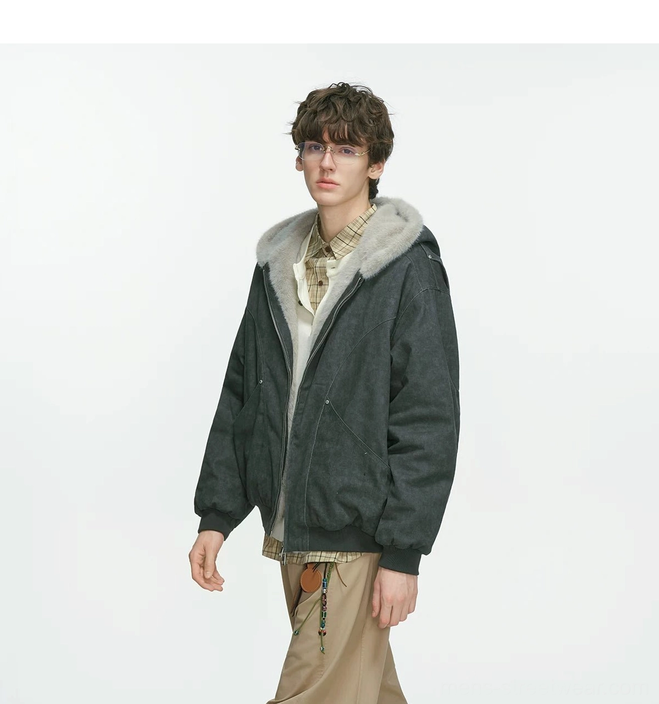Dark gray oversized hooded bomber jacket with off-white faux-shearling trim in Korean streetwear style