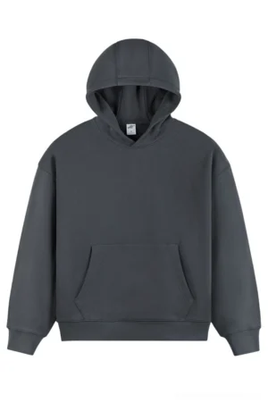 Dark gray oversized Korean streetwear hoodie with boxy fit ribbed cuffs hem and front kangaroo pocket