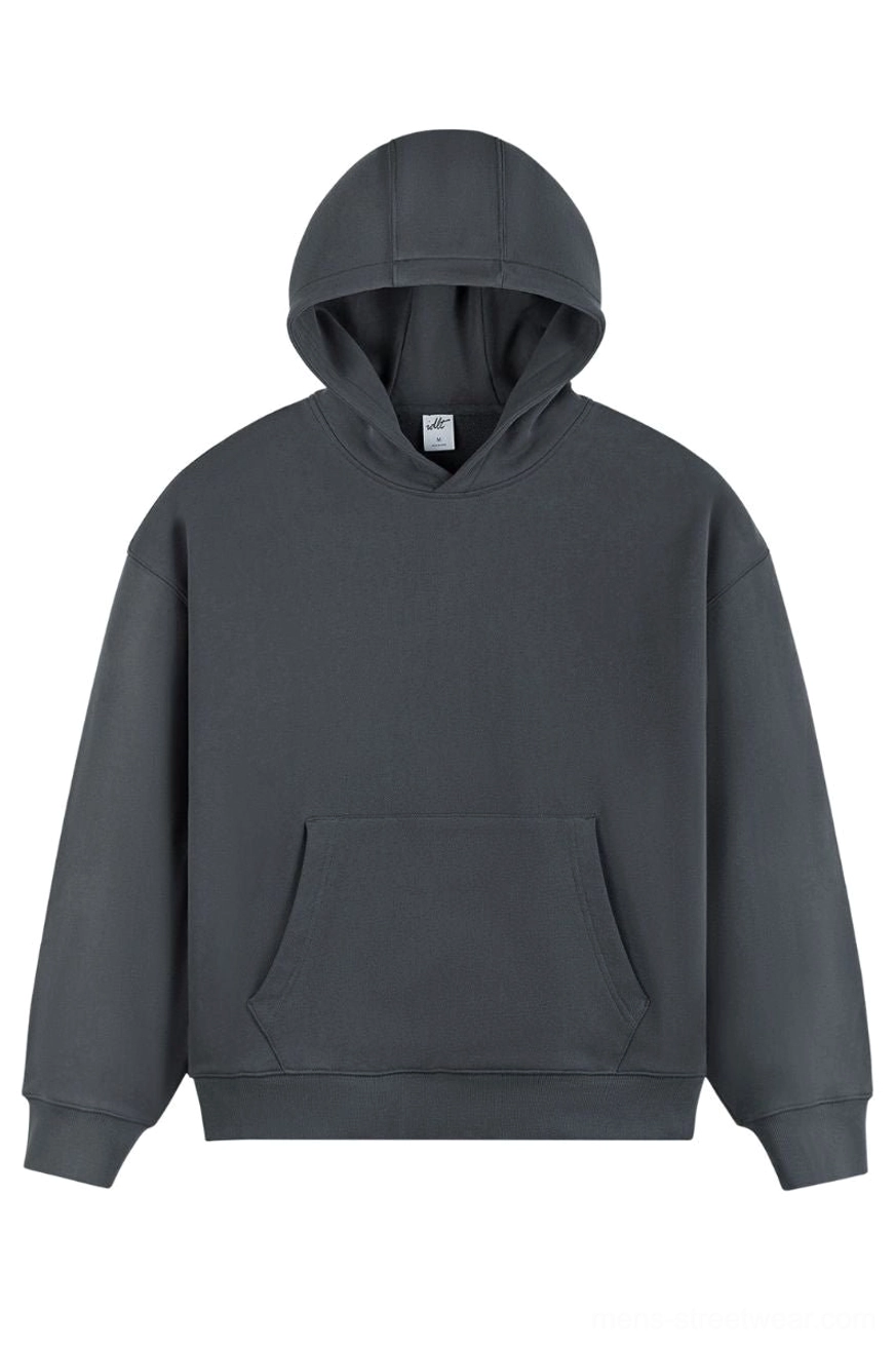 Dark gray oversized Korean streetwear hoodie with boxy fit ribbed cuffs hem and front kangaroo pocket