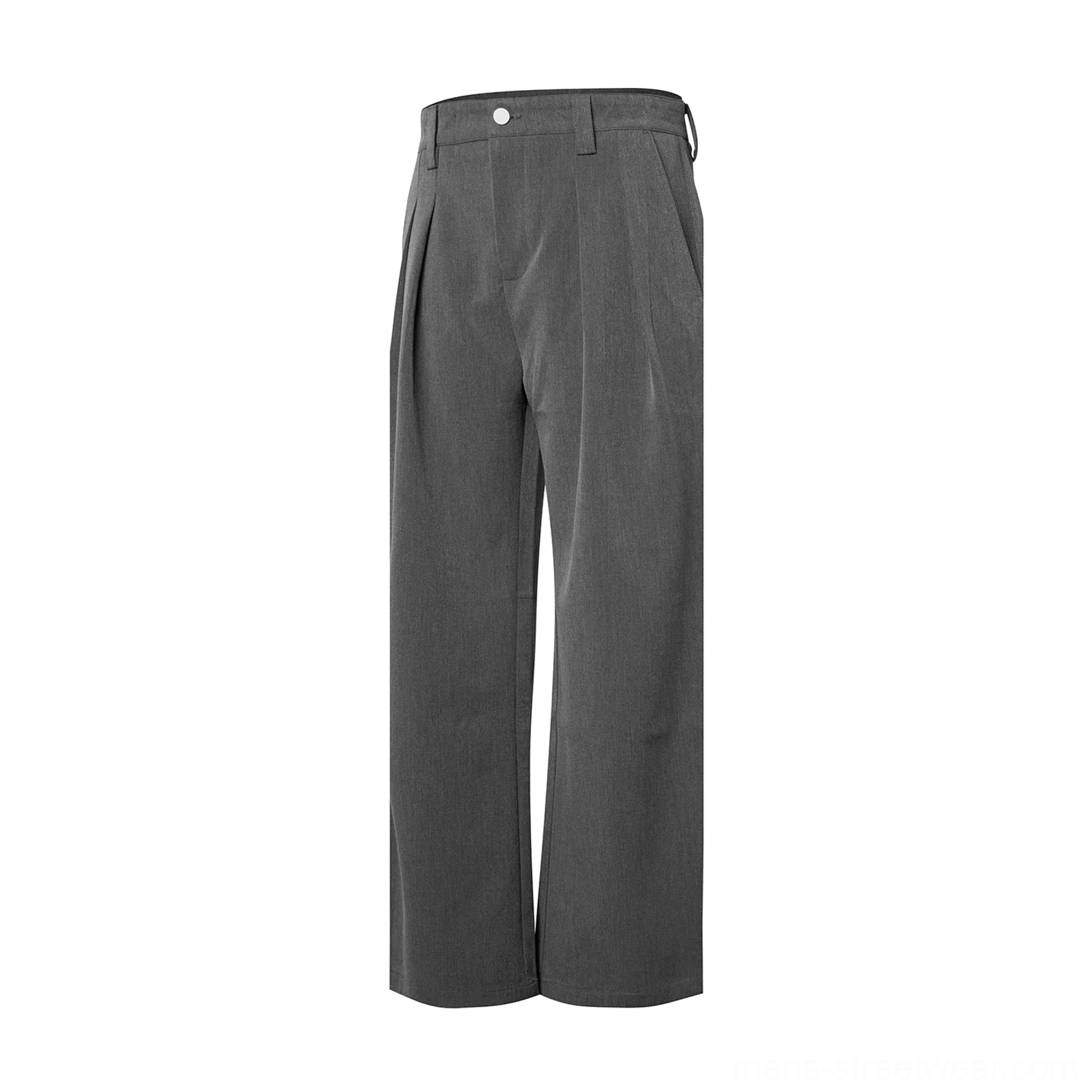 Dark gray pleated wide-leg tailored trousers flat lay showing belt loops button zip closure and double front pleats
