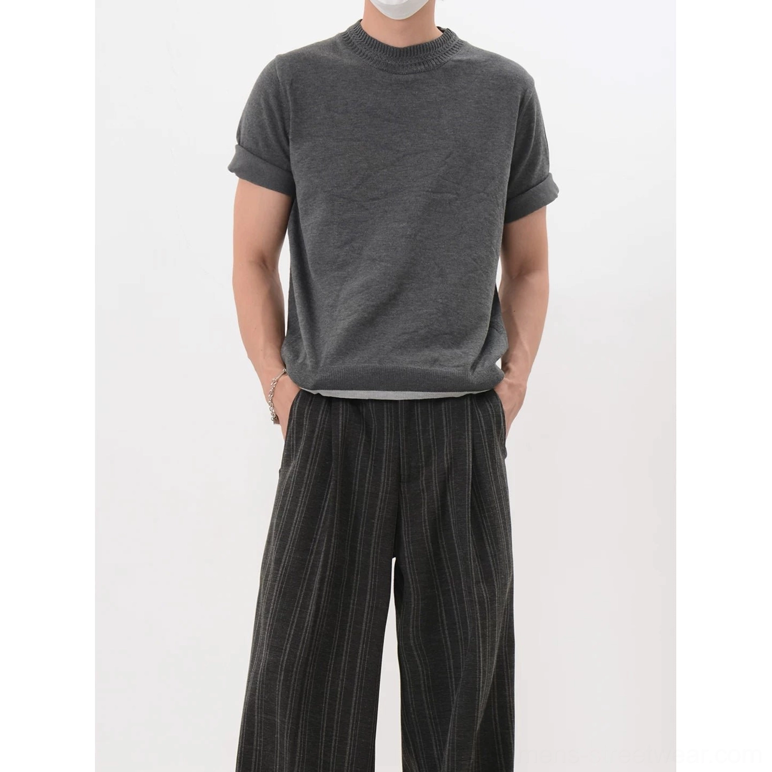 Dark gray vintage-inspired mock neck knit T-shirt with rolled short sleeves and contrast layered hem for a modern Korean streetwear wardrobe