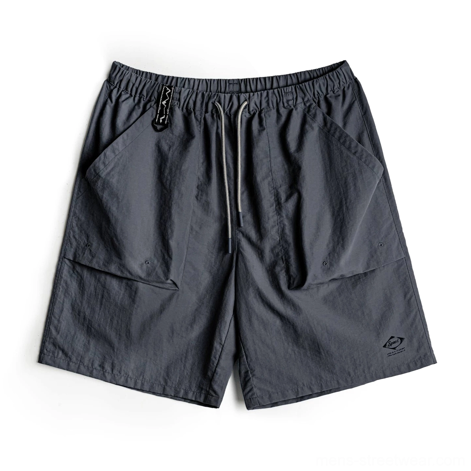 Dark gray water-repellent Taslon cargo shorts with straight leg fit, elastic drawstring waistband, large utility flap pockets, technical waist fastening, and lower hem detail