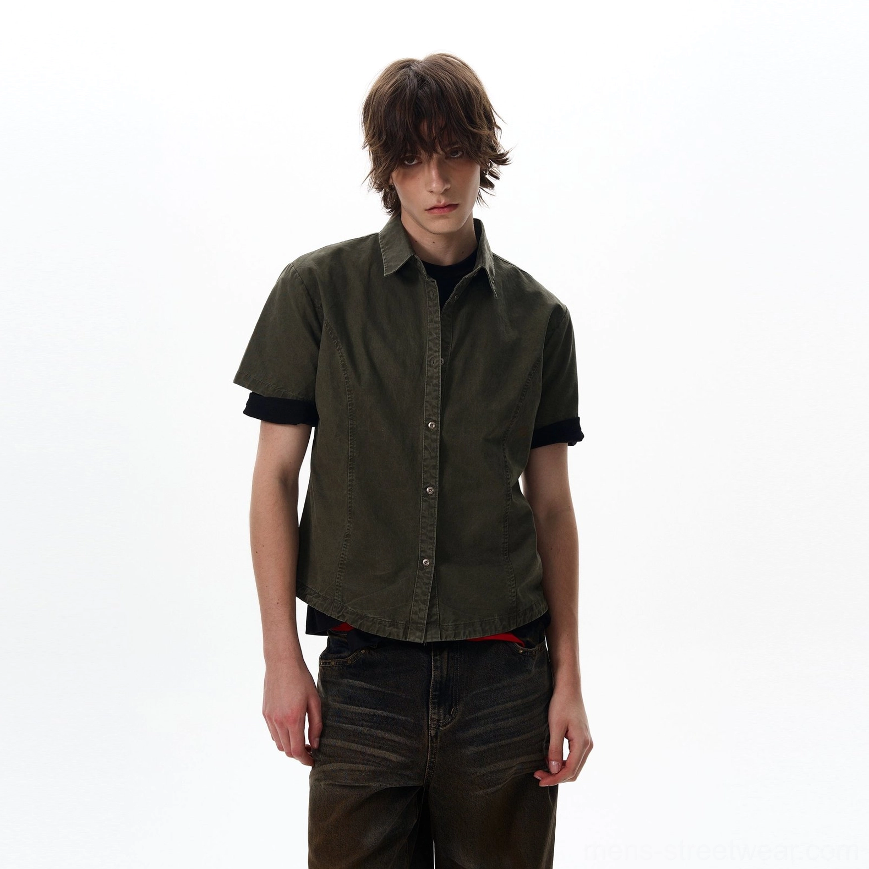 Dark green short sleeve utility shirt color option with relaxed boxy streetwear silhouette