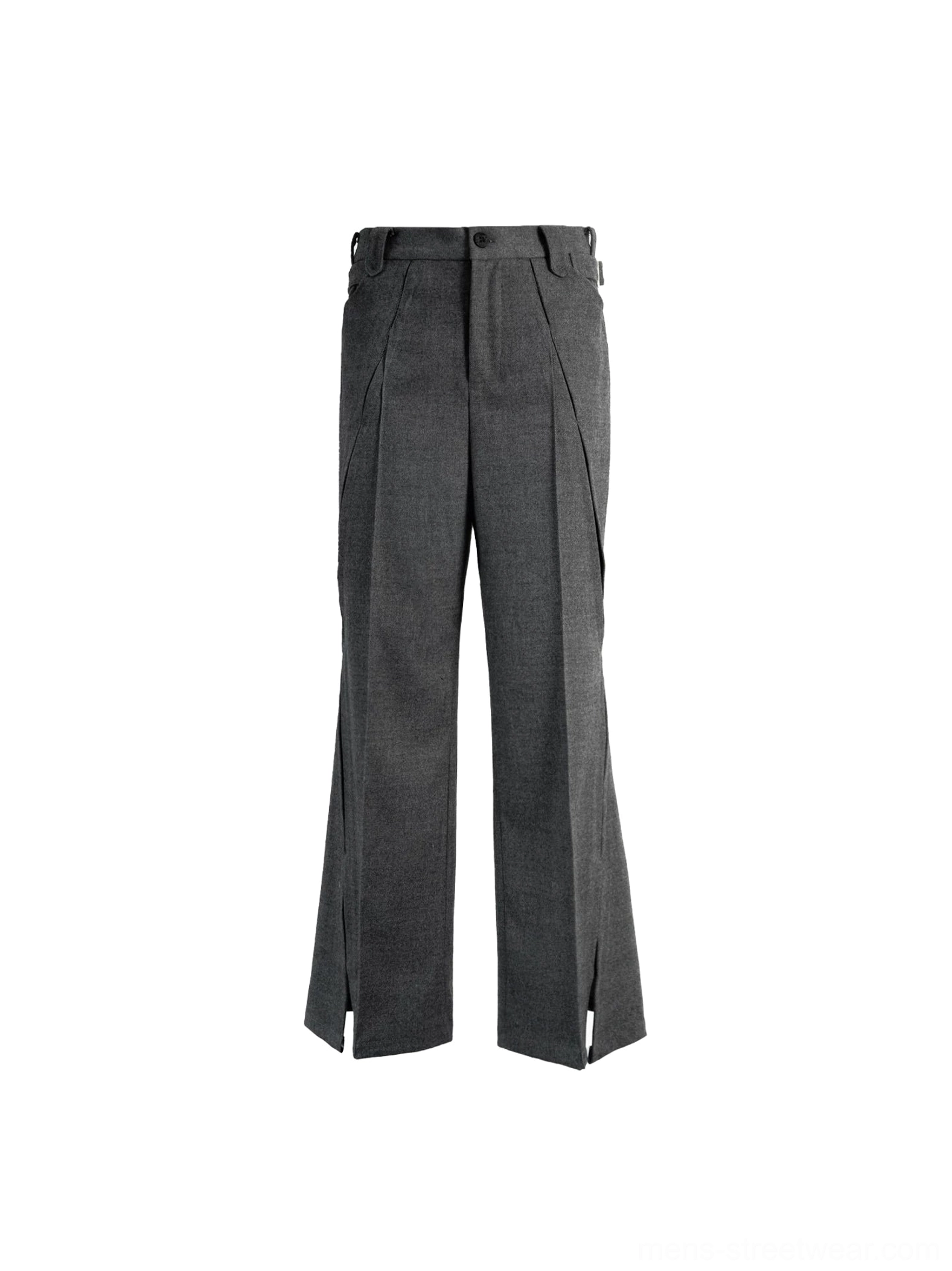 Flat lay front view of dark grey high-waisted split-hem trousers with front pleats, belt loops, button fly, and side slits