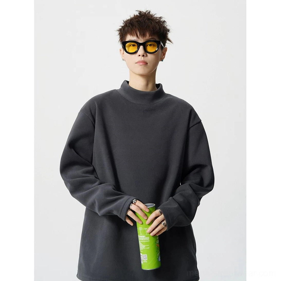 Dark grey mock neck fleece streetwear pullover with soft texture and oversized Korean fashion fit
