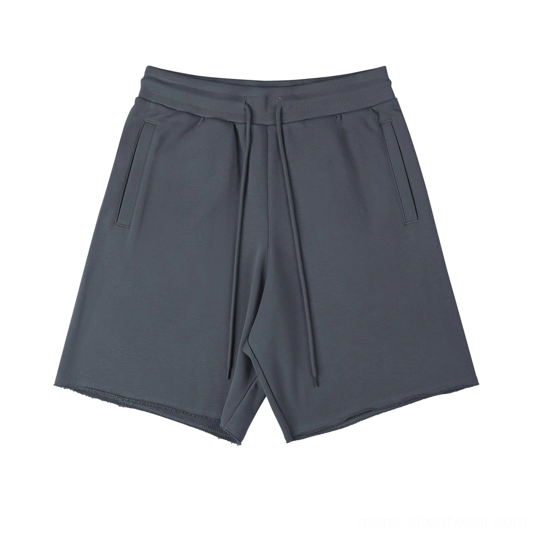 Dark charcoal grey oversized sweat shorts flat lay deep grey tone side slip pockets frayed trouser leg elastic drawstring waistband