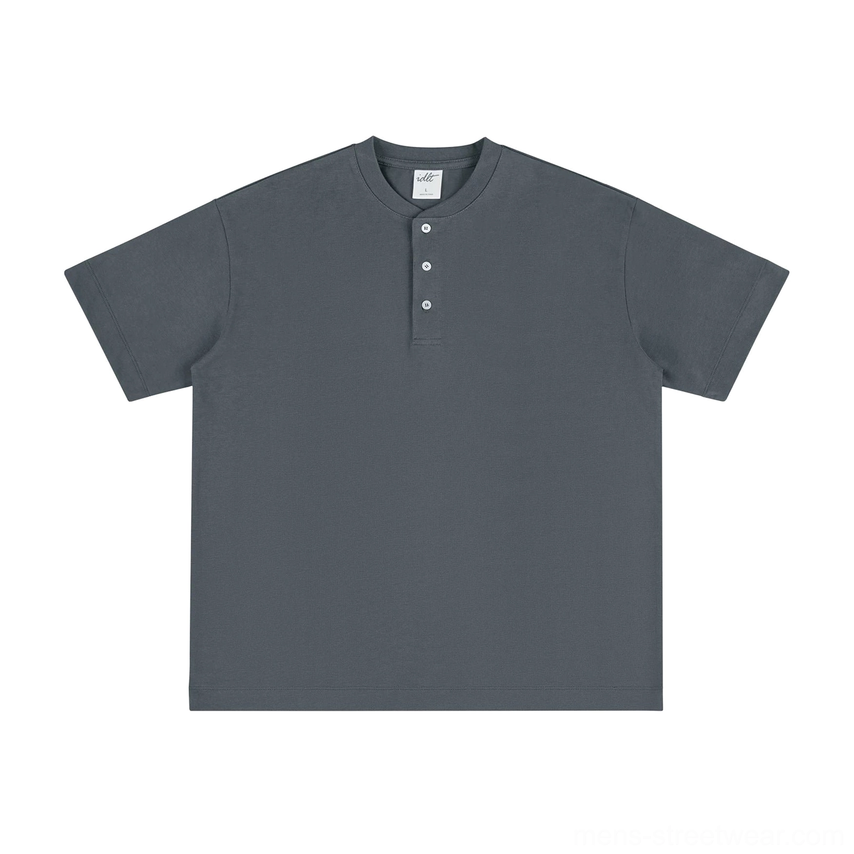 Dark grey relaxed Henley T-shirt product image with clean cotton construction and modern boxy streetwear proportions