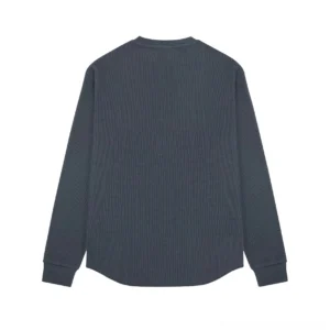 Dark grey waffle knit Henley long sleeve tee back view with curved shirttail hem